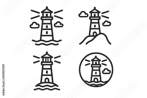 Lighthouse logo icon set. Simple line art vector illustration collection. Maritime beacon for navigation and safety. Coastal guard tower symbol for sea and ocean concepts.