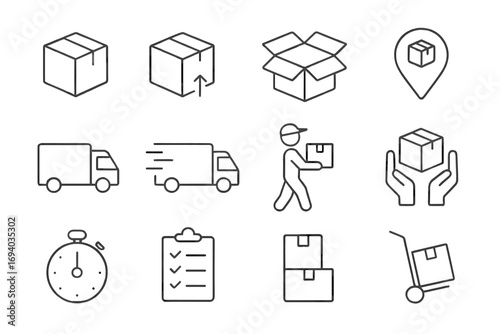 Delivery and logistics line icon set. Shipping, transportation, courier service concepts. Vector pictograms for web, apps. Box, truck, parcel, tracking, fast delivery, order.