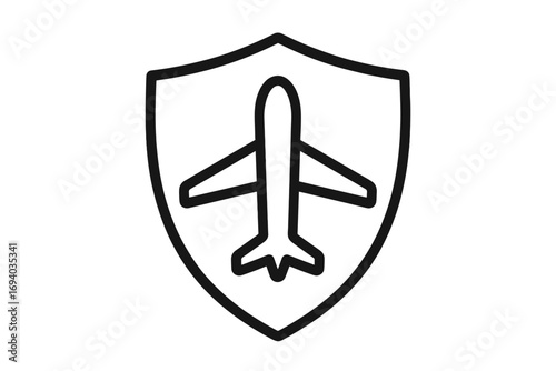 Travel insurance concept icon. Flight protection and safety symbol. Airplane in a shield for aviation security and guarantee for travelers. Secure flight and trip emblem.