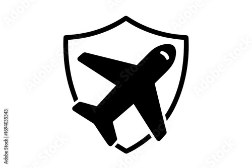 Travel insurance icon. Flight protection and safe airplane journey concept. Aviation security and travel safety symbol. Shield with plane glyph for web and app design.