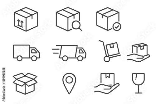 Shipping and delivery service line icon set. Logistics, transportation, package tracking, fragile handling concepts. Vector linear pictogram for web, apps, graphic design.