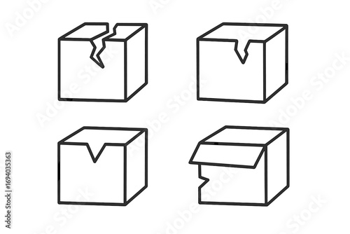 Broken box icon set. Damaged package, cracked parcel concepts. Thin line art vector illustration for delivery service, logistics, shipping. Defective product symbol collection.