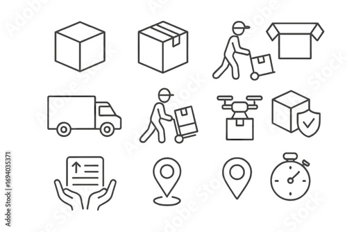 Delivery and shipping service line icon collection. Vector pictograms for logistics, transportation, e-commerce, package tracking, fast courier. Box, truck, drone symbols.