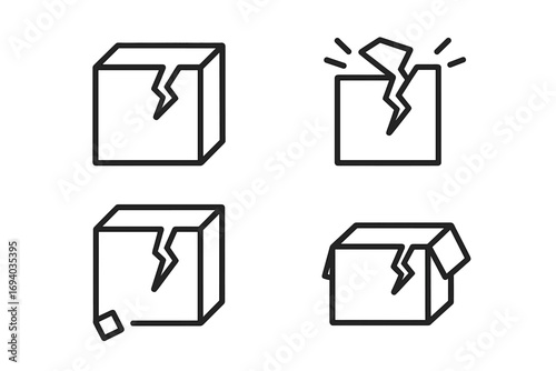Broken box icon set. Damaged package, cracked parcel, fragile cargo symbols. Shipping problem, delivery error, return concepts. Vector outline illustration for logistics.