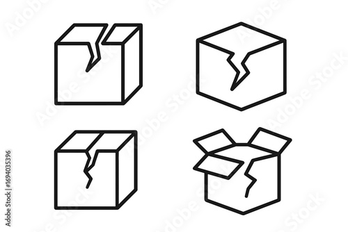 Broken box icon set. Damaged package outline symbols. Fragile cargo, shipping error, and return delivery concepts. Vector line art for logistics apps, web, and social media.
