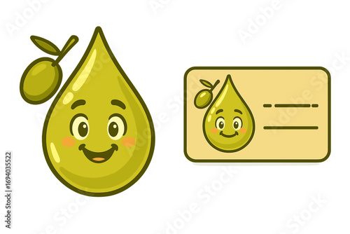 Cute olive oil drop character mascot. Kawaii green olive fruit food cartoon with face. Logo identity, business card, label design element set. Vector illustration isolated.