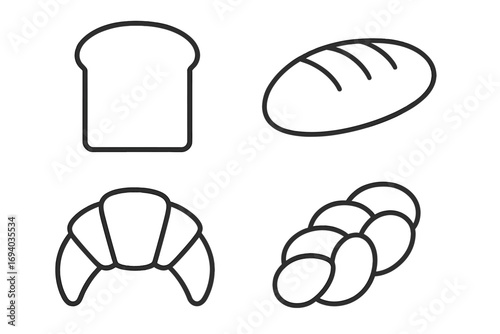 Bread and bakery line icon set. Vector collection of simple outline symbols. Toast slice, loaf, croissant, challah. Minimalist baked goods, pastry for breakfast food sign.