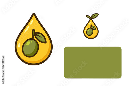 Olive oil drop logo concept vector illustration. Icon for natural, organic food brand. Green olive in golden liquid. Symbol for healthy cooking, gourmet, extra virgin oil.