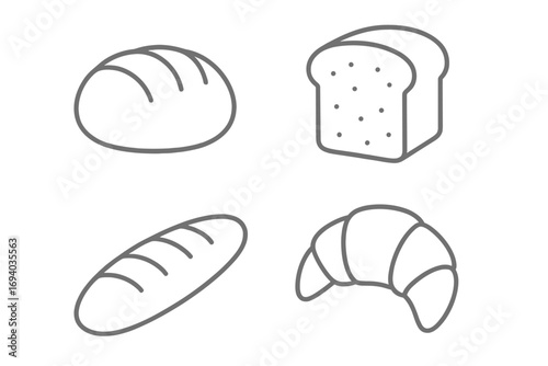 Bread icon set. Line art collection of loaf, toast, baguette, croissant. Vector illustration for bakery, food blog, app. Minimalist pastry outline graphic. Editable stroke.