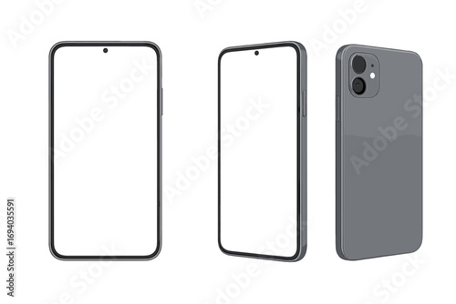 Realistic 3d smartphone mockup set. Mobile phone with blank white screen in different angles. Front, perspective, and back view. Vector for app, UI, UX presentation.