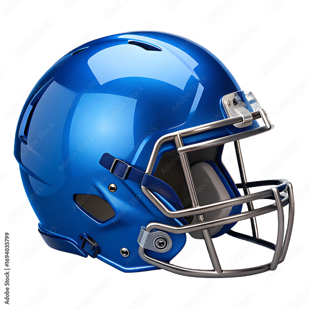 Fototapeta premium A vivid blue football helmet with a silver face mask isolated against a black background studio shot