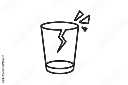 Broken glass icon. Cracked cup symbol. Fragile object sign. Damaged glassware vector illustration. Concept of accident, fragility, destruction, or bad luck. Minimalist line art.