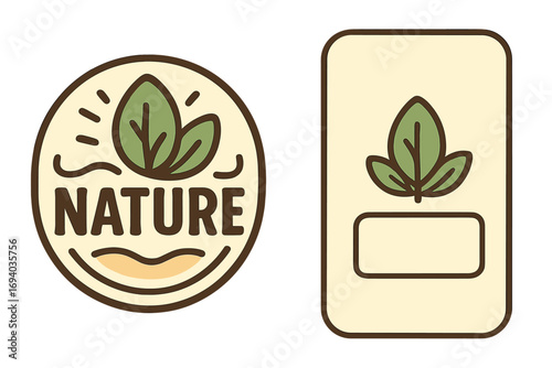 Nature logo design set with business card template. Vintage badge and modern fresh leaf emblem for eco friendly brand identity. Organic food packaging or cosmetic label vector.