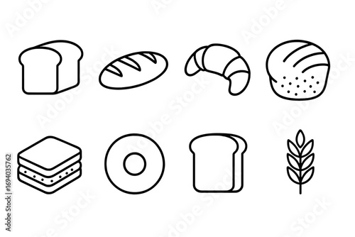 Bread line icon set. Bakery and pastry outline symbols. Minimal linear pictogram collection includes loaf, toast, sandwich, croissant, bagel, bun, and wheat ear. Vector food icons.