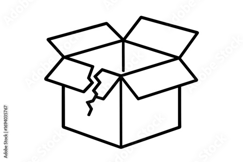 Broken box icon. Damaged package outline. Open cardboard carton with crack. Shipping problem symbol. Fragile delivery concept. Return parcel vector line art illustration.