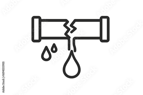 Broken pipe with water leak line icon. Burst pipeline with dripping water. Plumbing damage, house repair emergency concept. Cracked tube, leakage problem vector symbol.