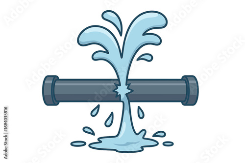 Broken pipe water leak vector cartoon illustration. Burst pipeline concept. Plumbing accident, damage, and emergency repair. Isolated flat icon for web, apps, books.