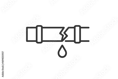 Broken pipe water leak icon. Burst pipeline, plumbing damage concept. Home repair emergency, accident symbol. Water drop, leakage pictogram. Minimal outline vector logo.