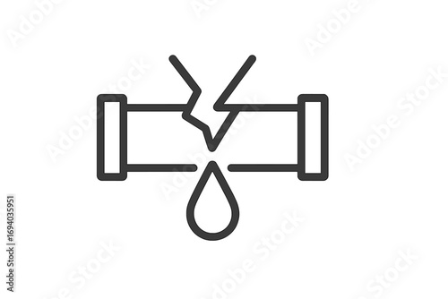 Broken pipe and water leak line icon. Plumbing problem, burst pipeline, and leakage concept. Emergency repair service symbol for web, apps, and graphic design. Vector.