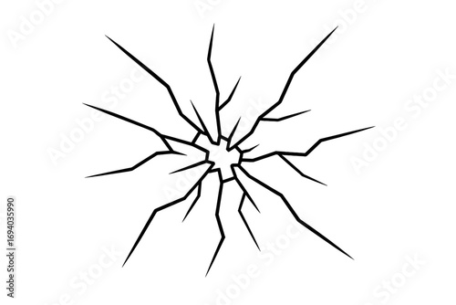 Broken glass vector outline. Cracked window texture. Shatter effect from impact. Destruction, damage concept. Surface fracture, bullet hole design element. Abstract spider web crack.