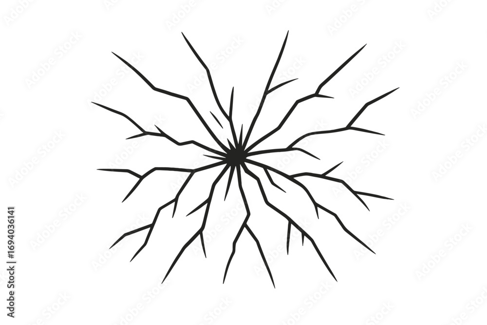 Naklejka premium Broken glass outline. Cracked surface from impact. Shattered window texture. Bullet hole vector. Destruction, damage concept. Graphic design element. Spider web crack icon.