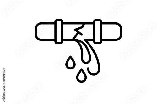 Broken pipe icon with water leak. Burst pipeline, dripping water drops. Plumbing problem, damage, leakage concept. Vector outline illustration for emergency repair service.