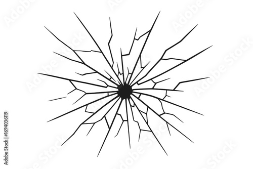Cracked glass vector illustration. Broken window with a bullet hole. Shattered surface effect for design. Destruction, damage, and vandalism concept. Abstract texture.