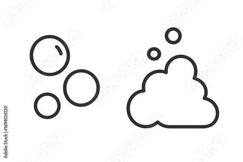 Bubble and foam outline icon set. Simple soap suds vector illustration. Clean water bubbles, lather symbol for washing, laundry, hygiene. Minimalist line art for web design.