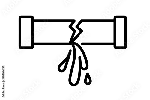 Broken pipe water leak icon. Burst pipeline, plumbing problem concept. Water damage, leakage, and repair service symbol. Emergency, failure, broken tube outline vector.