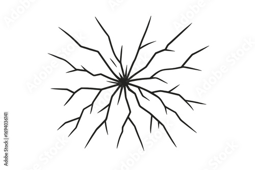 Broken glass outline. Cracked surface from impact. Shattered window texture. Bullet hole vector. Destruction, damage concept. Graphic design element. Spider web crack icon.