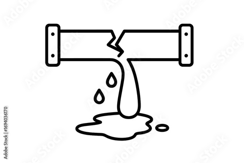 Broken pipe with water leak icon. Burst pipeline, plumbing problem, and water damage concept. Linear vector sign for emergency repair service and sanitary engineering.