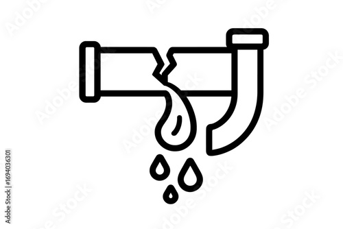 Broken pipe water leak outline icon. Plumbing accident, pipeline burst, and dripping water concept. Symbol for emergency repair service, home damage, and pipeline problem.