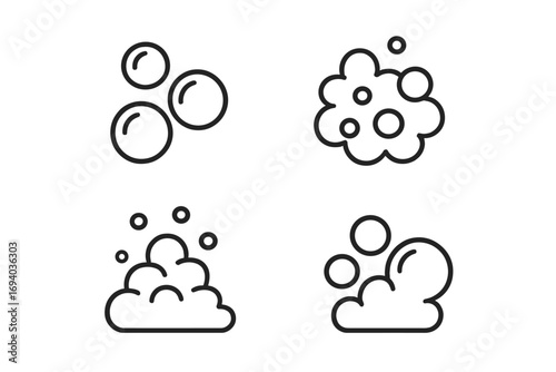 Soap bubble and foam line icon set for cleaning and washing. Vector illustration of suds, lather, and effervescent fizz. Symbol for laundry, hygiene, and sparkling clean.