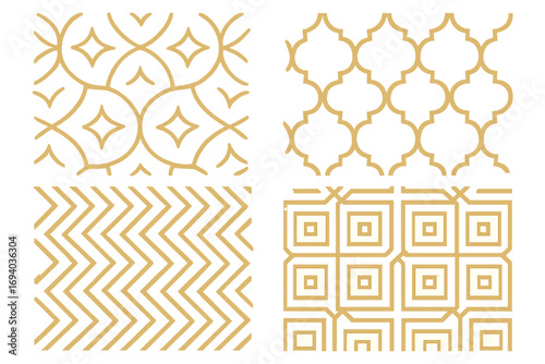 Set of four luxury gold geometric seamless patterns. Vector collection of elegant abstract line art backgrounds. Includes Moroccan trellis, chevron, and art deco ornaments.