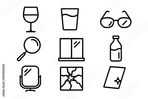 Glass objects line icon set. Collection of vector icons with wine glass, drinking glass, eyeglasses, magnifier, window, bottle, mirror, broken and clean glass. Editable stroke.