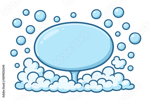 Cartoon bubble and foam sign. Vector illustration for text. Soap suds and water background. Freshness and cleaning concept. Blue bubbly frame for web, card, book design.