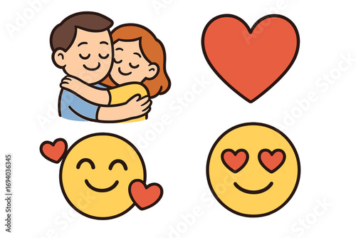 Love and romance icon set. Vector cartoon illustration of couple hugging, heart symbol, and love emojis. Cute social media elements for Valentine's day greetings. Isolated pack.