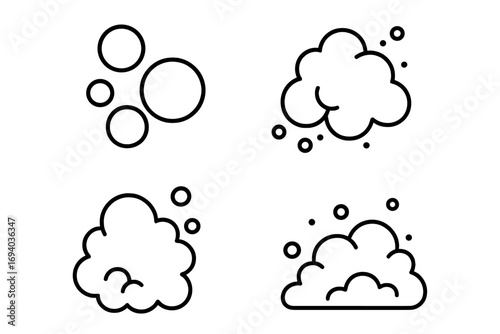 Soap bubbles and foam outline symbol set. Vector line art icons for cleaning, washing, and hygiene concepts. Graphic elements for web design, apps, laundry, and shampoo.