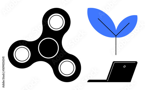 Fidget spinner for focus and relaxation, blue leaf representing growth, and a laptop symbolizing technology and work-life balance. Ideal for productivity, mindfulness, nature, technology, innovation
