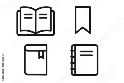 Book outline icon set. Simple vector line art symbols for reading, literature, and education. Includes bookmark, diary, and notebook icons for web and app user interface design.