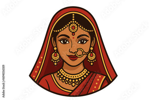 Beautiful Indian bride in traditional red sari and gold jewelry. Hindu wedding portrait. Woman face logo for cultural business. Desi girl character mascot illustration.