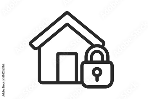 Home security icon. House and padlock symbol. Concept of property protection, safety, and insurance. Real estate pictogram. Stay at home, lockdown, quarantine sign. Secure access.