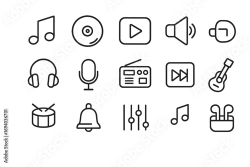 Music and audio line icon set. Minimalist outline pictograms for media player UI UX, app, and web design. Includes play, volume, headphones, microphone, instruments.