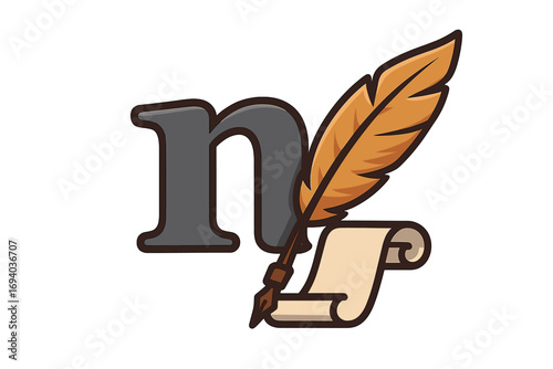 Letter N logo with quill pen and parchment scroll. Vector icon for writer, author, or notary. Historical literature, education, and law concept. Calligraphy signature symbol.
