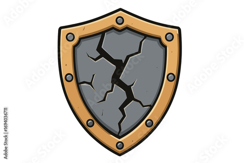 Broken shield icon vector illustration. Damaged medieval stone shield. Metaphor for vulnerability, failed defense, or security breach. Concept of weakness, risk, and danger.