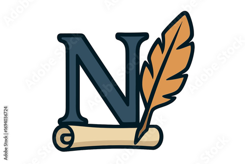 Letter N logo with feather quill and paper scroll. Symbol for a notary, lawyer, or writer. Vintage author and literature icon. Concept for history, education, and legal documents.