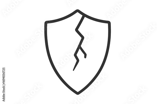 Cracked shield icon. Broken protection and safety symbol. Concept of vulnerability, risk, danger and data breach. Unsafe, weak, damaged. Security failure vector line.