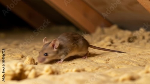 Small brown mouse on insulation in attic space, rodent wildlife
