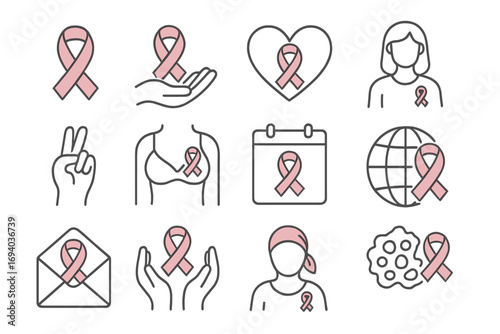 Breast cancer awareness month line icon set. Pink ribbon symbol for hope, charity, support and solidarity. Woman health, medical prevention, survivor editable vector pack.