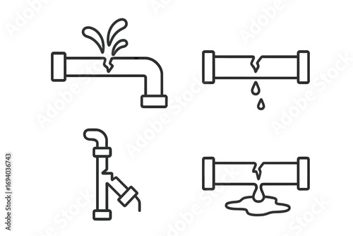 Broken pipes line icon set. Water leak, pipe burst, and pipeline damage symbols. Plumbing problem, dripping water, flood damage, and emergency repair vector icons.